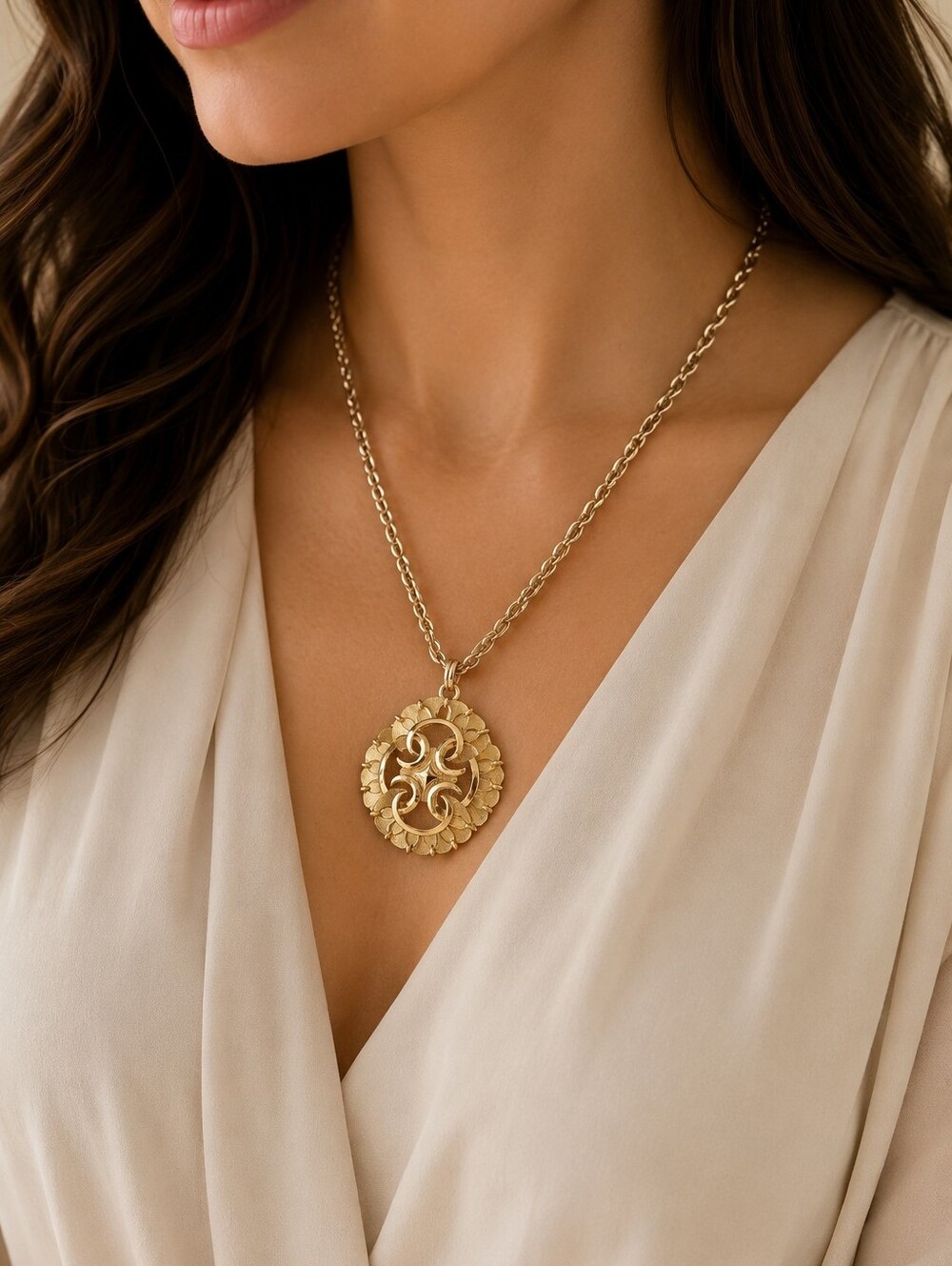 Vintage Trifari Gold Tone Pendant Necklace Signed‎ Large Medallion Chain